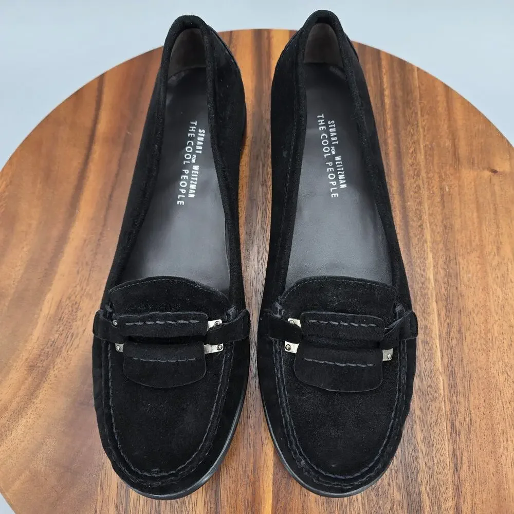 Stuart Weitzman Cool People Shoes Womens 9 M Black Suede Leather Loafers Flats